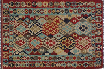 Flat Weave Kilim, Antique, Navaho, Vintage, Handmade, Geometric Kilim Beige Red Hand-Woven Rectangle 100% Wool Area Rug 5 x 7
